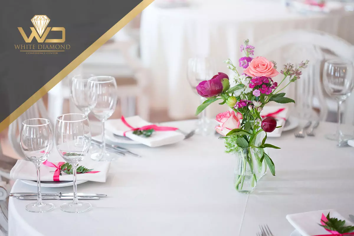 photo of a spring bouquet display on a table at White Diamond Conference Center in Calgary, Alberta